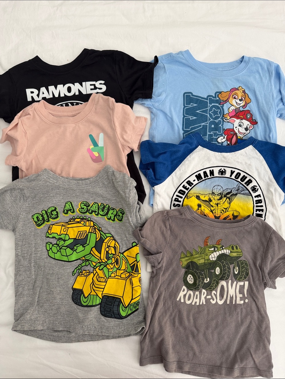 Kids Graphic Tee Bundle - Black Ramones, Blue Paw Patrol, Grey Dino & More